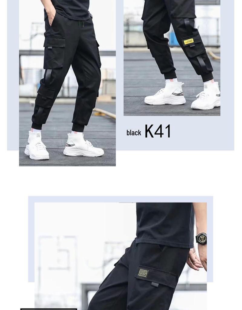 Pantaloni lungi negri în stil coreean pentru bărbați înalți, salopetă casual largă, cu manșete