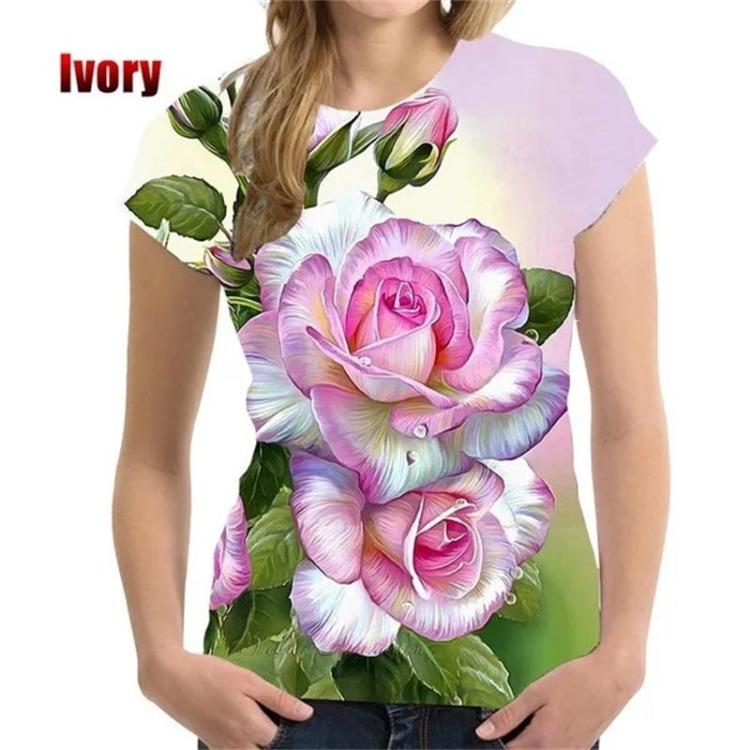 Harajuku Street Fashion Women's Short Sleeve 3D Flower Printed Rose T-shirt Clothing