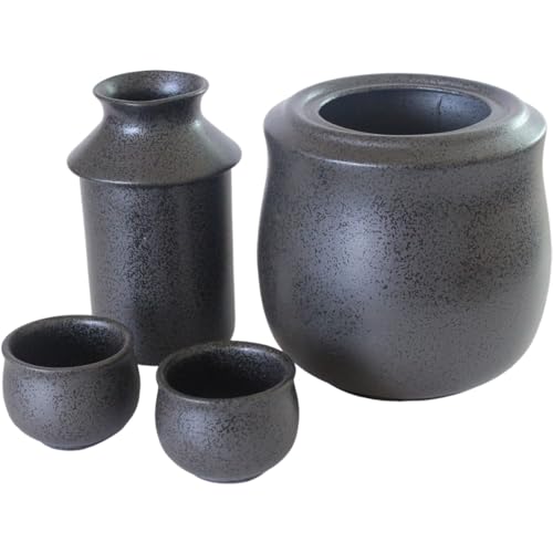 Ale-net Sake Warmer, Cold Sake Warmer, 300ml Tokkuri, Black Crystal Sake Warmer with Heater (Large), Includes 2 Sake Cups, Mino Ware Ceramic