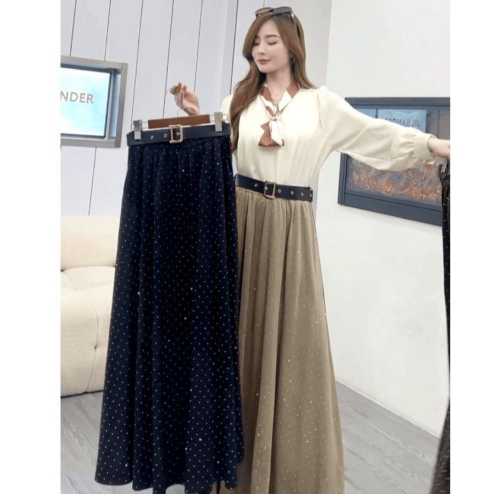 Women's Rhinestone High Waist Mid-Length A-Line Skirt with Large Hem