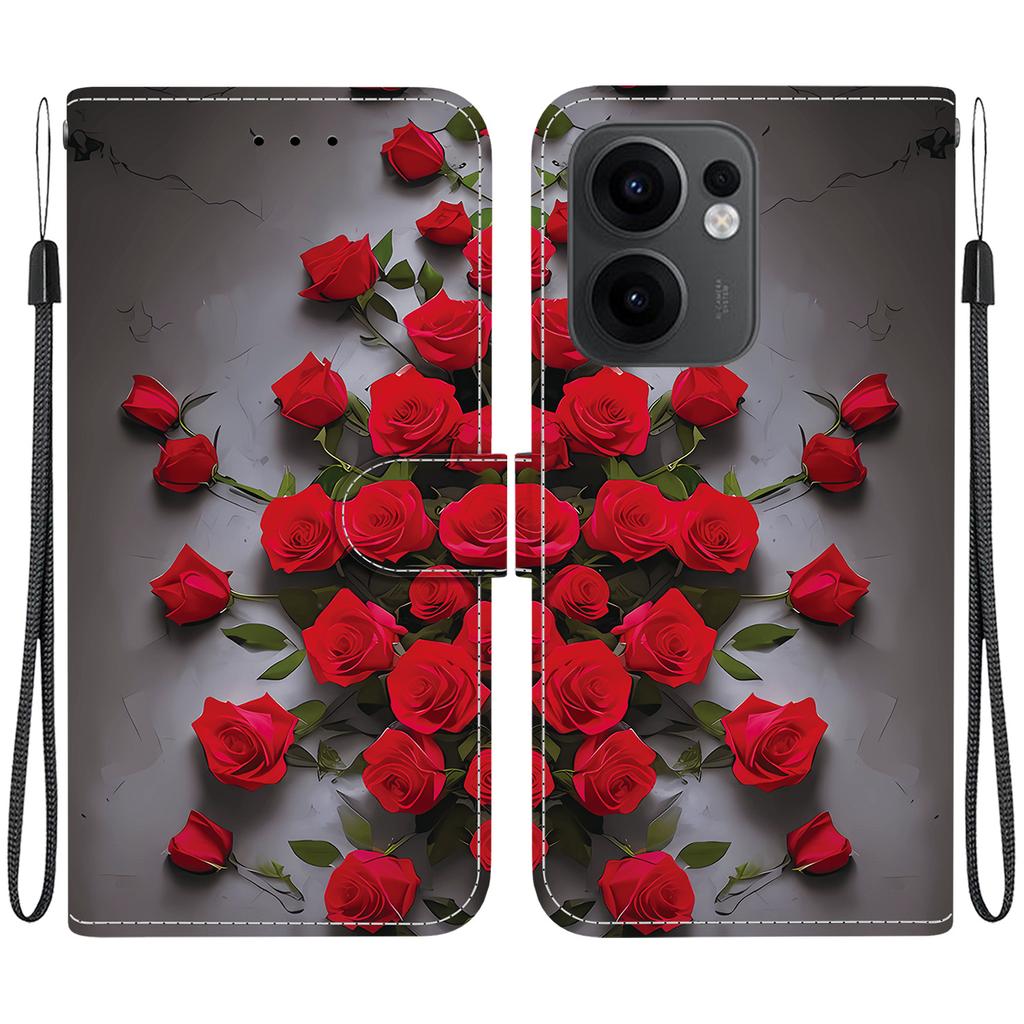 Handmade PU Leather Flip Case for Oppo Reno13 F/Reno13 F 4G Anti-Slip Shockproof Cover with Wrist Strap & Heart/Rose Cat Designs