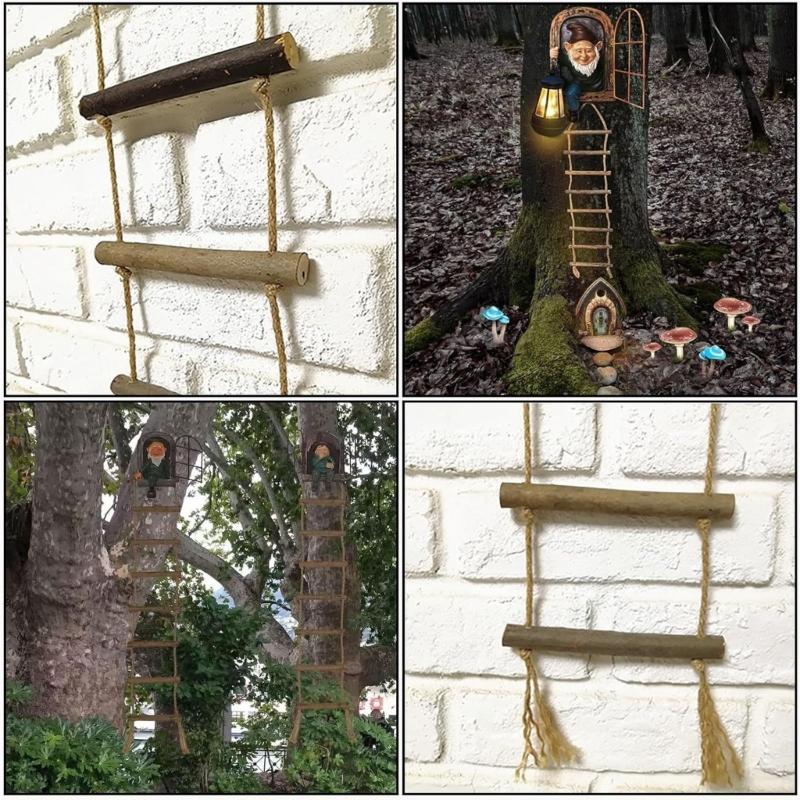 2Pcs Handmade Wooden Ladder Hanging Ornament with Twine Rope for Indoor and Outdoor Christmas Festival Decoration