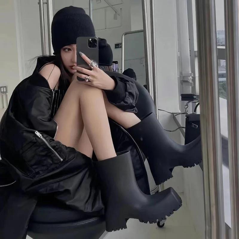 Fashion Bottes de Pluie de Luxe en Cuir Souple pour Femme, Bottines de Styliste, Imperméables, Confortables, à Plateforme
