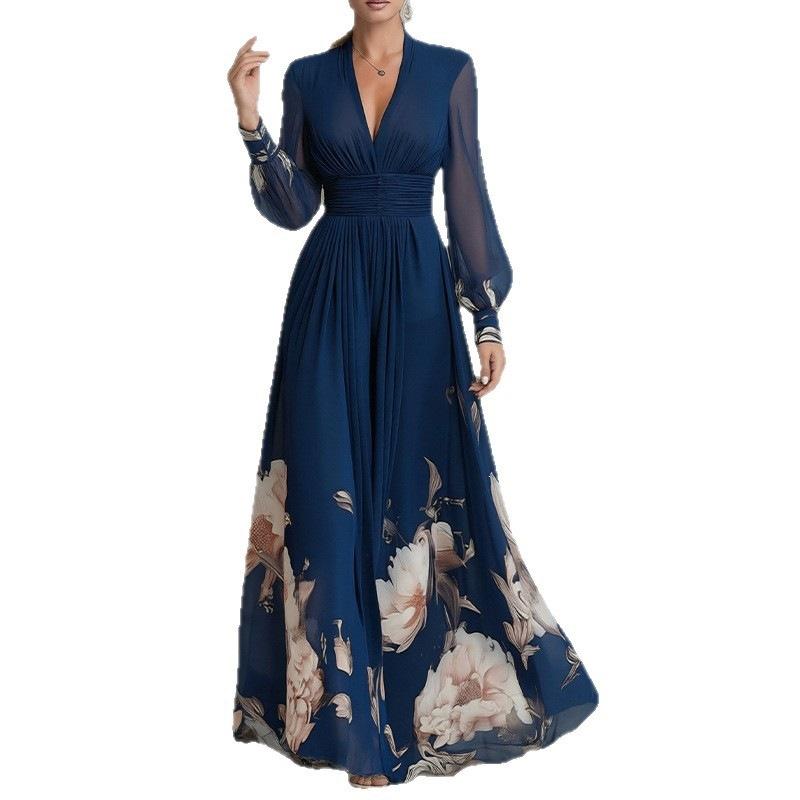 2026 Cross-border Foreign Trade Women's Clothing, New Spring Models In Europe, America, Fashionable and Elegant Printed Waist V-neck Pendulum Dress