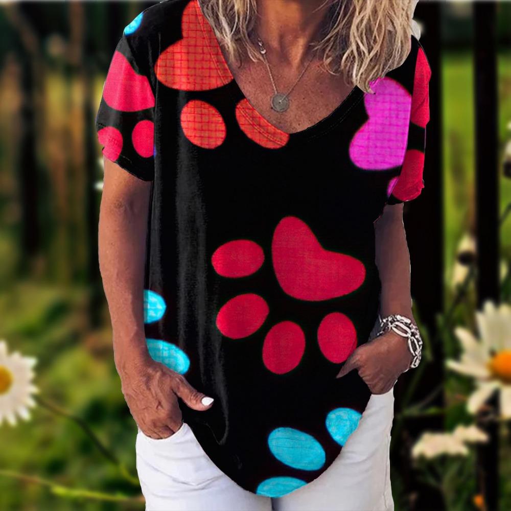 New Rainbow Watercolor Dog Paw 3D Printing T-shirt Women's V-neck Casual Short-sleeved Y2k Top Harajuku Tees Clothing