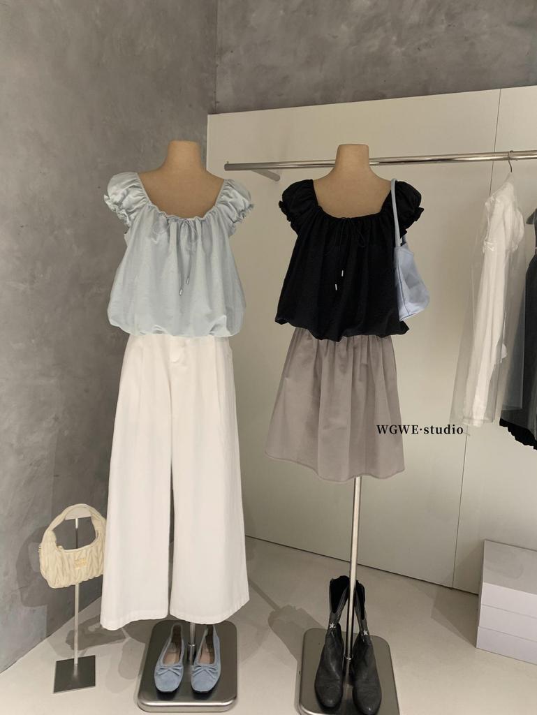Guangzhou Thirteen - New Spring/Summer Puff Sleeve Bud-shaped Elastic Collar Bow Knot Blouse
