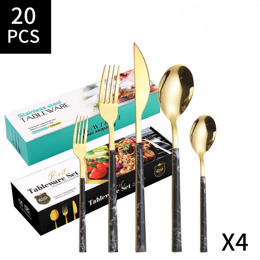 Imitation Wood Handle, Imitation Stone Pattern Knife, Fork and Spoon, Five-piece 430 Stainless Steel Knife, Fork and Spoon Tableware 20-piece Set
