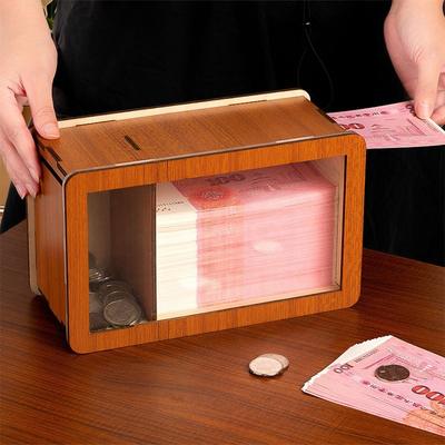 Simple Wooden Money Savings Box Banknote Coin Partition Transparent Visible Piggy Bank Reusable Large Size Cash Box