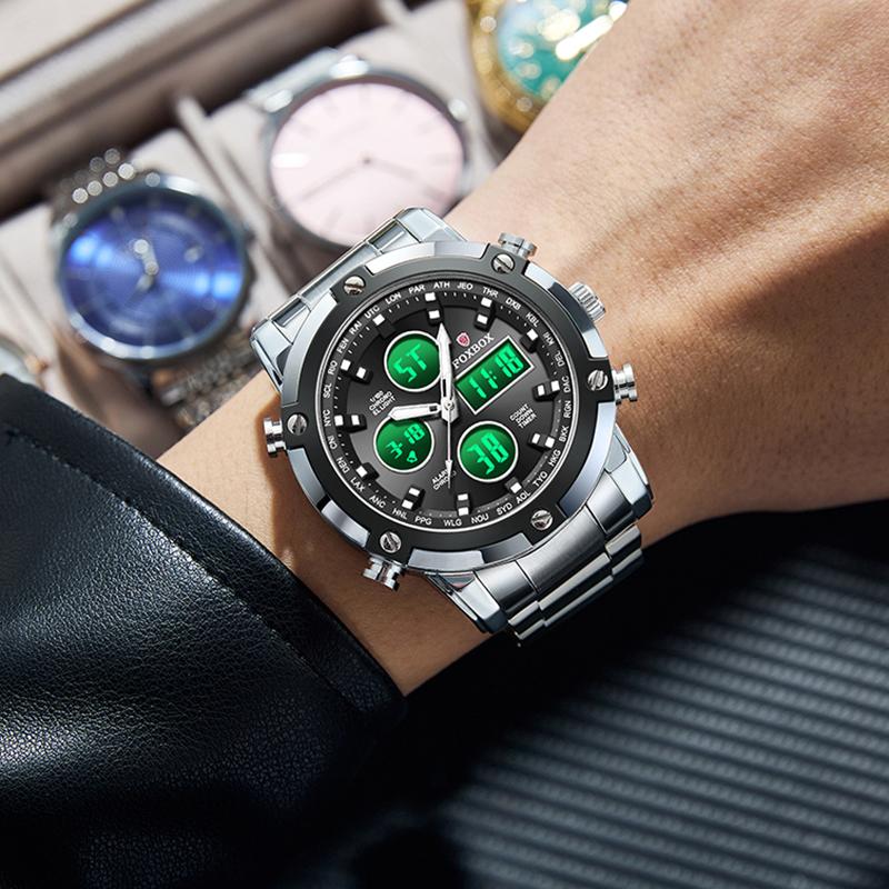 FOXBOX New Digital Mens Watch Fashion Dual Display Quartz Wristwatches Sport Waterproof Steel Luxury Watches Men Gift Reloj