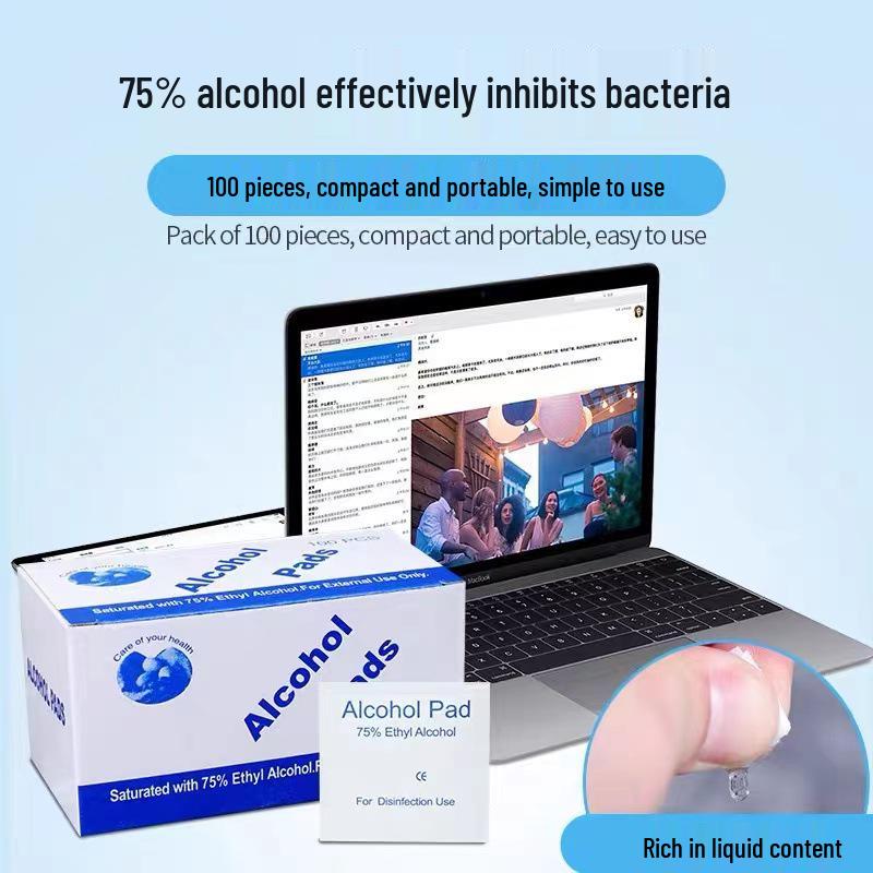 75% Alcohol Disposable Wipes - 100 Large Cotton Pads for Mobile Phones, Travel, Ear Piercings, and Individual Disinfection