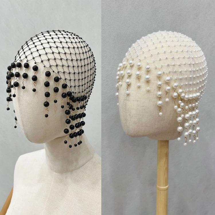 Sparkling Pearls Adorned Tassels Hair Hat Sophisticated Faux Pearls Tassels Hairpiece Hat for Evening Event and Galas