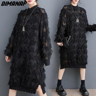 DIMANAF Plus Size Women 2023 New Summer Style Dress Long Sleeve O-Neck Floral Loose Dress Basic Black New