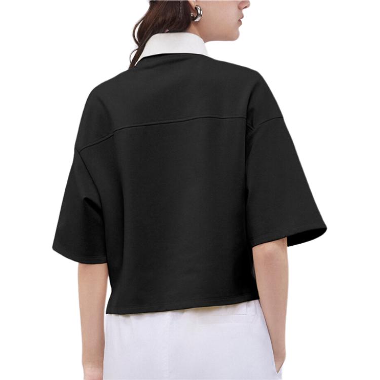 FILA Fusion Color Block Collar Loose Knit Short Sleeve Polo Shirt Women tops Black T11W423105F-BK