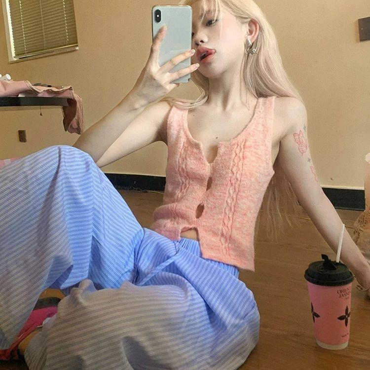 Dopamine Pink Hollow-out Knitted Vest Women's Summer Sweet Inner Wear Outerwear Vest Layered Camisole Top