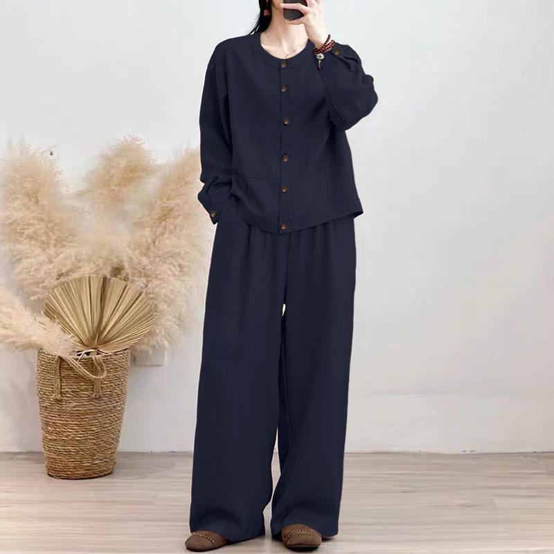 ZANZEA Bluză și pantaloni cu mânecă lungă pentru femei Seturi de costume casual din două piese