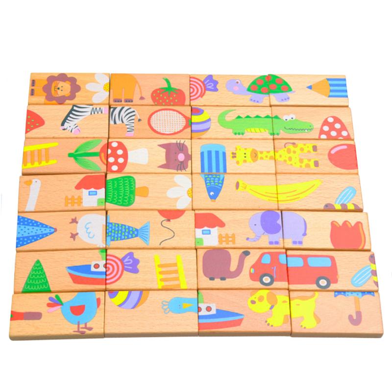 28PCS Wooden Domino Toys Early Learning Wooden Animal Domino Toys Set Shape Sorting Order Learning Educational Toys for Children