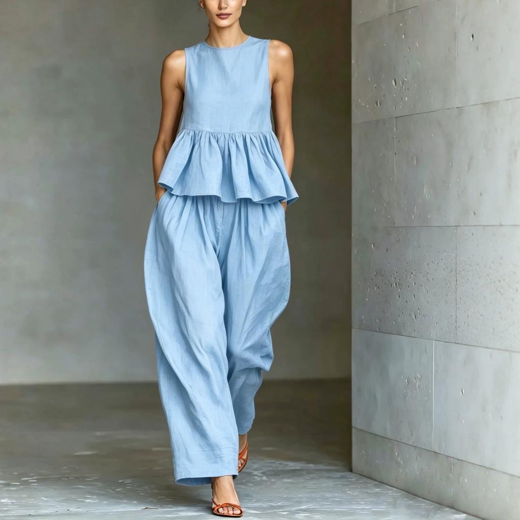 2026 summer new Amazon, suit women's sleeveless ruffle top + loose wide-leg pants two-piece commute