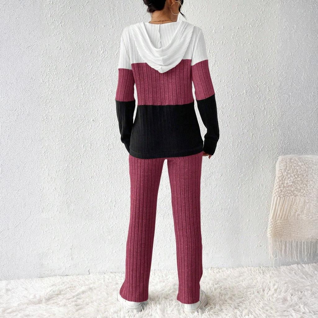 Women's Loose And Comfortable Hooded Drawstring Zipper Color Blocked Casual Fashion Top Color Pants Set