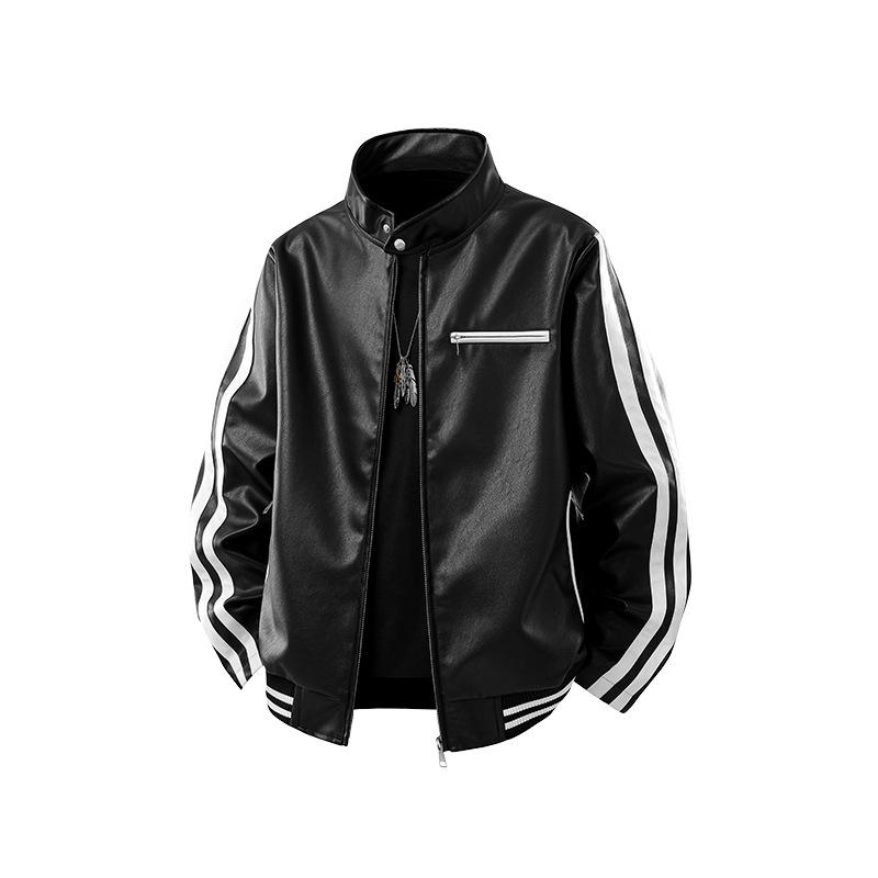Herren Trendy Lederjacke mit Stehkragen - Lockere Passform, Lässig, Modisch, Bequemes Gewebe mit Schlichtem Linienmuster.