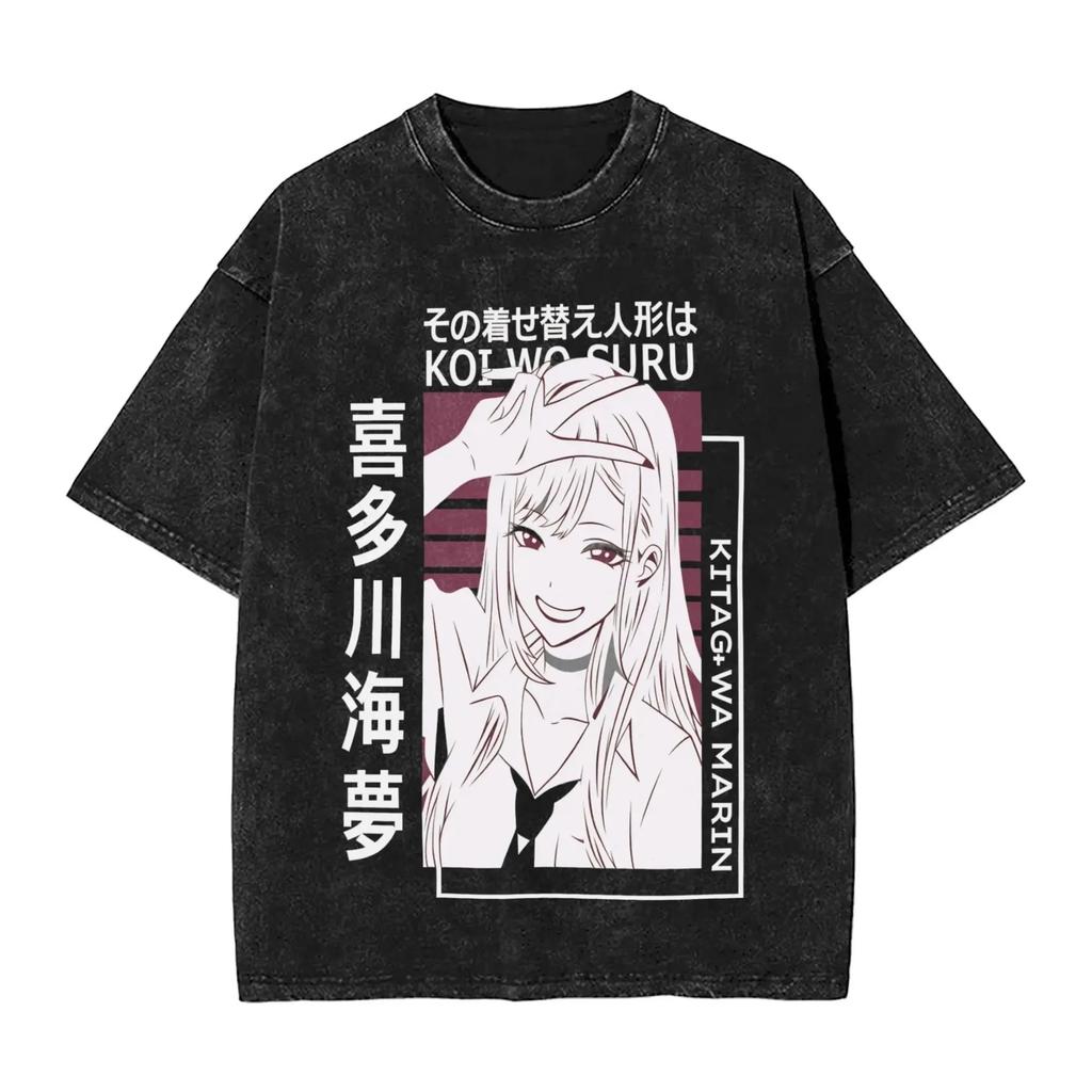 Anime Halloween Witch Girl "HALLOWEEN" Graphic Vintage Acid Washed Oversized Streetwear Y2K Manga T-Shirt Top for Anime Lovers Halloween Fans