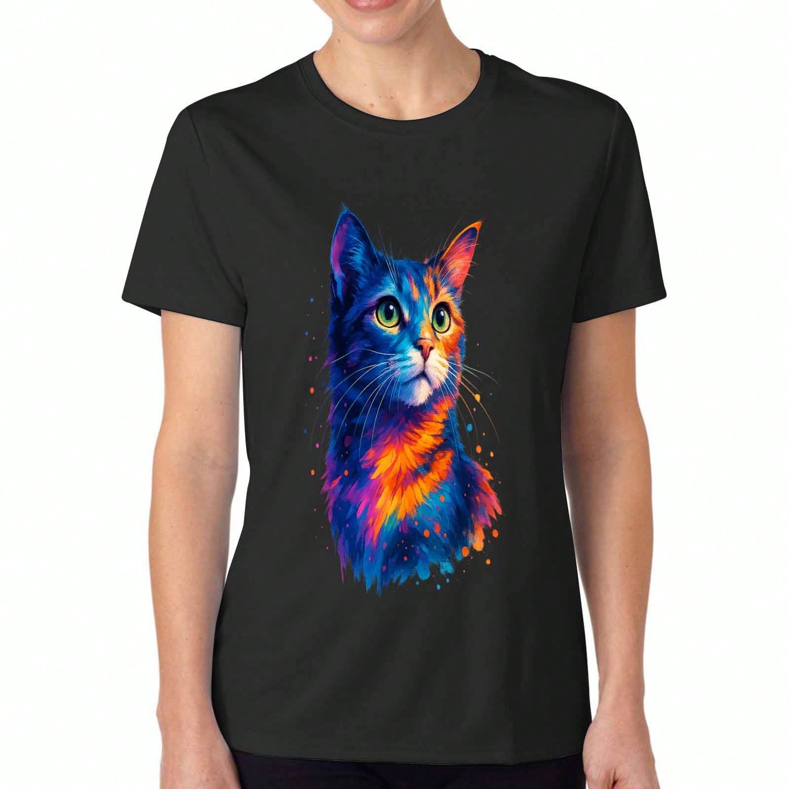 Colorful Cat Ladies Cotton T Shirt,Premium Cotton Quality Print,Durable And Casual Fashion.Vibrant Feline Portrait Graphic Tee,Unique Cat Lover Gift F S разноцветный