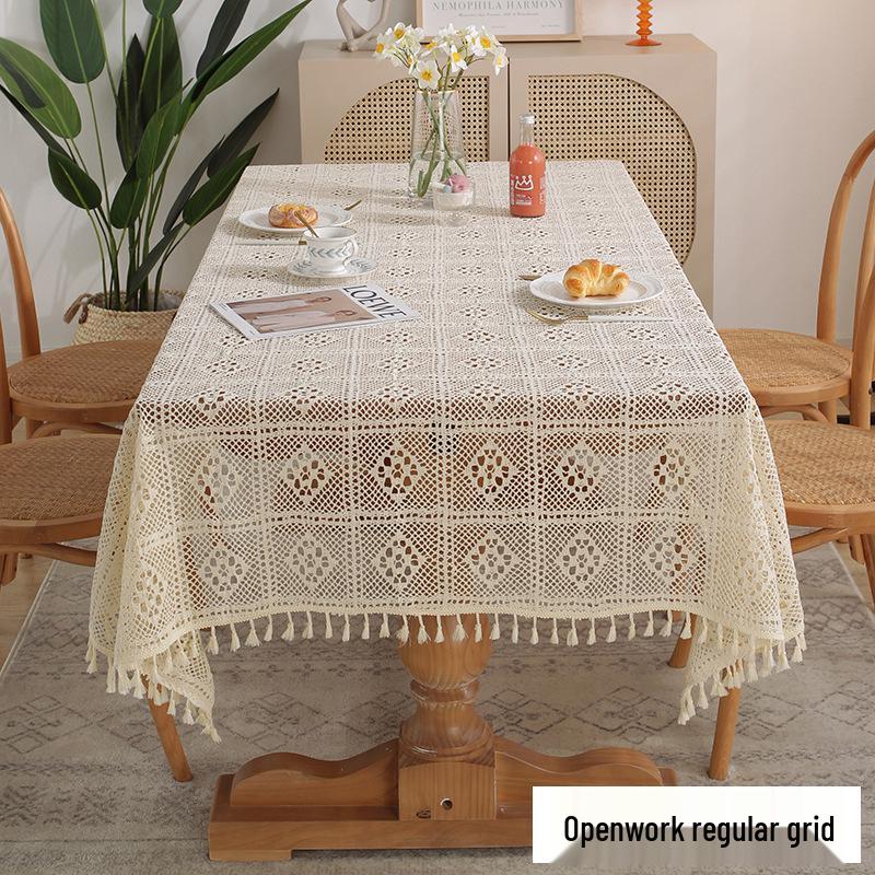 American Retro Beige Crochet Tablecloth - Knitted Non-Slip Hollow Design