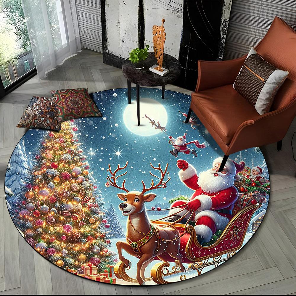 Cartoon Weihnachtsmann Frohe Weihnachten Schneemann Neujahr Runder Teppich für Schlafzimmer Wohnzimmer Sofadekoration, Dekor Bodenteppich