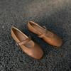 Johnature Genuine Leather Buckle Strap Women's Flats Shoes Retro Square Toe Soft Soles Solid Color Shoes