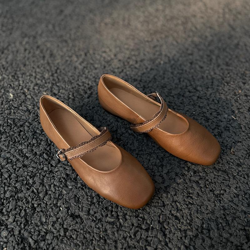 Johnature Genuine Leather Buckle Strap Women's Flats Shoes Retro Square Toe Soft Soles Solid Color Shoes