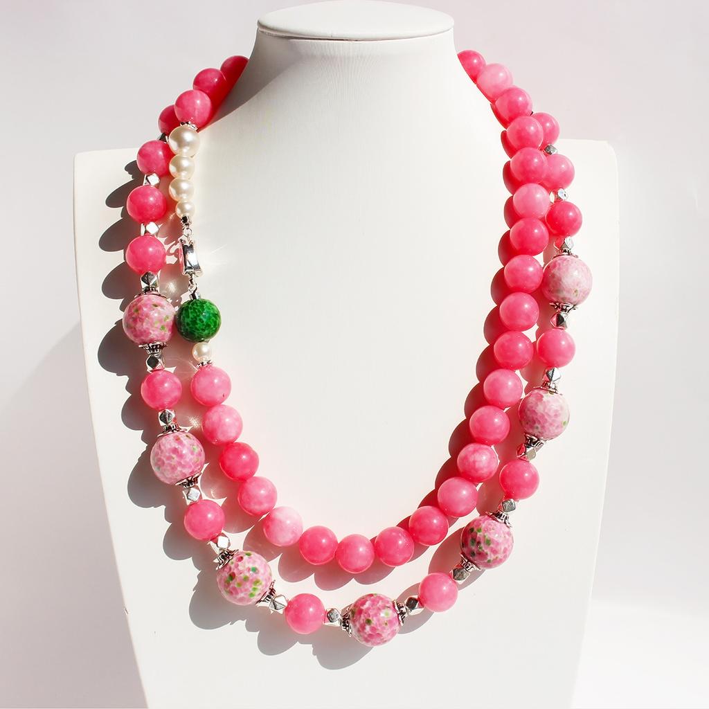 Natural Beauty Peach Powder Stone Beaded Necklace New Chinese Old Glazed Frog Skin Collarbone Chain Earrings Set 790