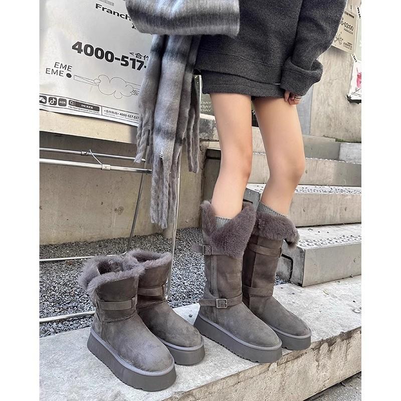 Height-increasing Small Long Tube Winter Thick-soled Snow Boots Women's Velvet Thickened Tube Snow Cotton Shoes Gray New 2025