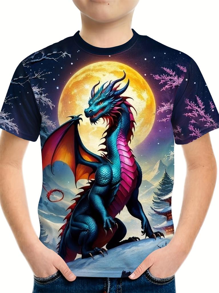Maglietta per bambini T-shirt con grafica 3D Dragon Magliette per bambini Magliette con scollo tondo Maglietta con animali dei cartoni animati Maglietta a maniche corte per un ragazzo