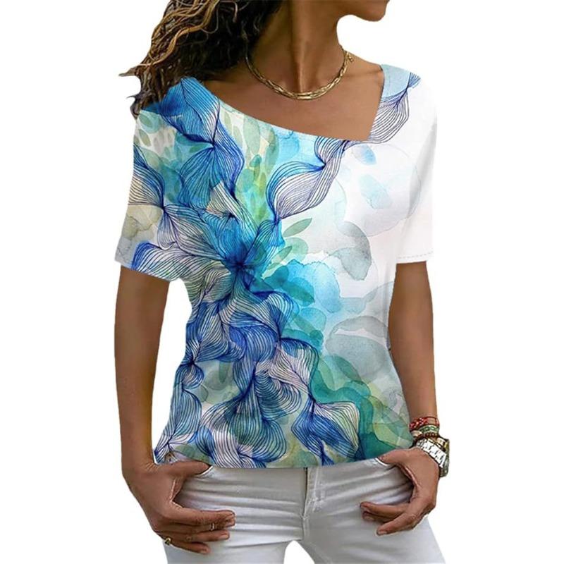 

Летняя женская футболка с коротким рукавом, косым вырезом и принтом летних цветов 5XL