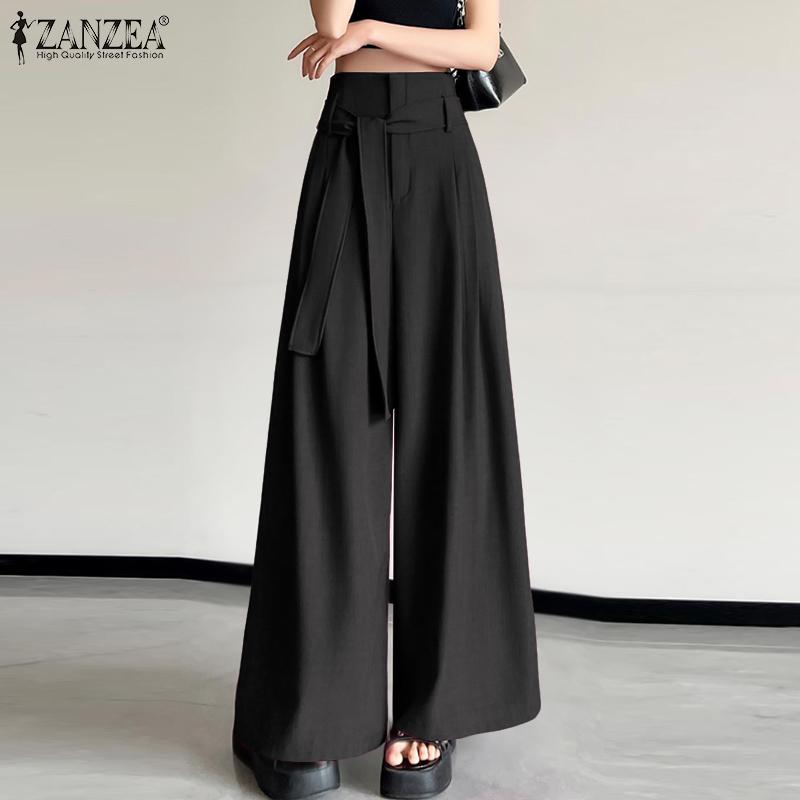 ZANZEA Womens Casual Elastic Waist Solid Color Loose Wide Leg Pants
