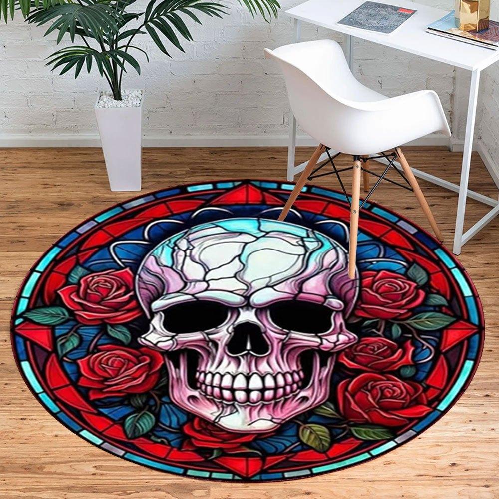 Stained Glass Skull with Roses Wall Art DecorRound Non-Slip Chair Mat Chair Carpet for Office Rugs for Office Decor Gift For Valentine's Day Mother's