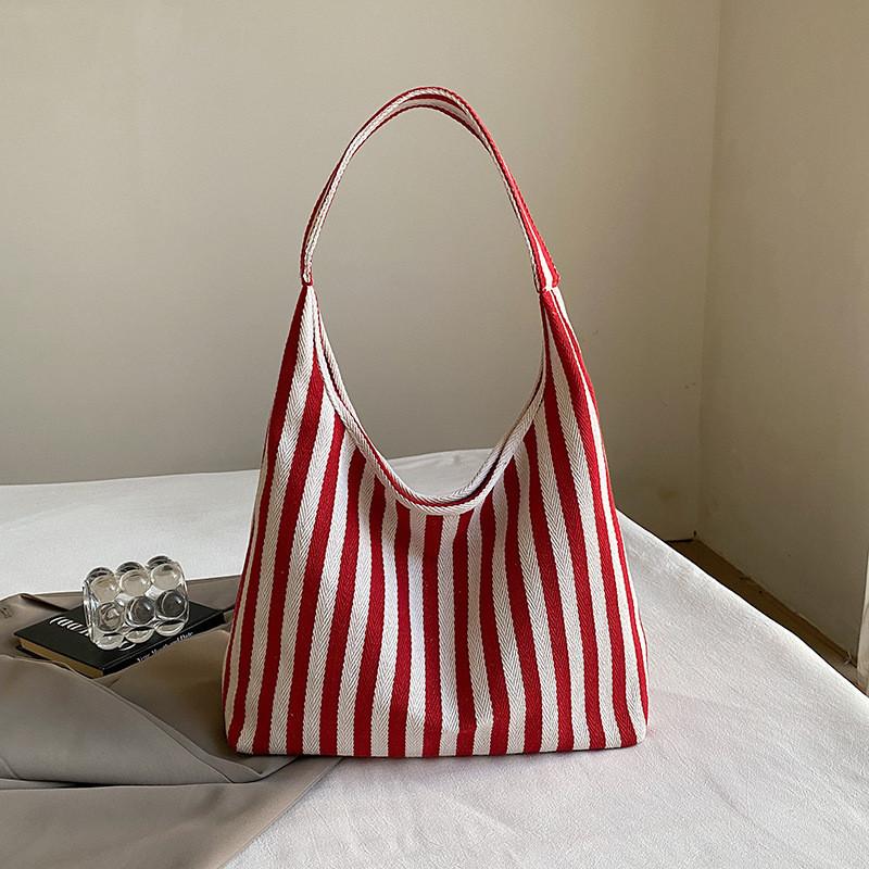 Stylish Korean Striped Large Tote Bag Versatile Retro Canvas Shoulder Bag For Daily Use