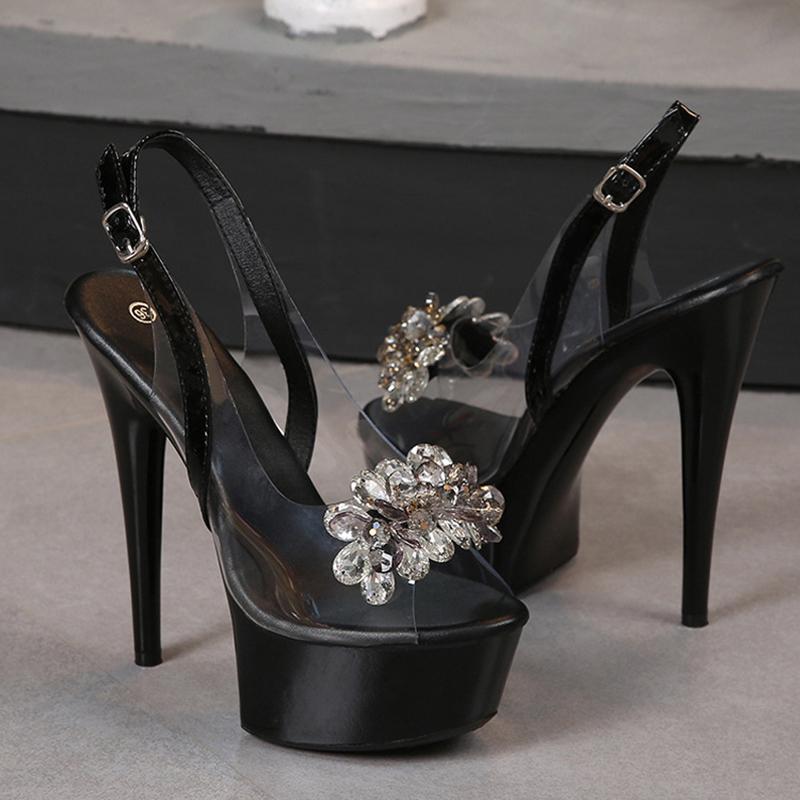 Liyke PVC Transparent Women Back Buckle Strap Platform Sandals Fashion Crystal Peep Toe 13CM Super High Heels Party Dress Shoes