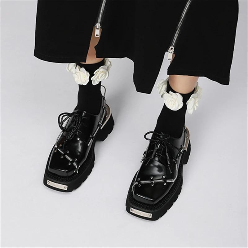New Retro Metal Decor Women Derby Shoes Thick Sole Leather Shoes Casual Loafers Black Lace-up Platform Flats