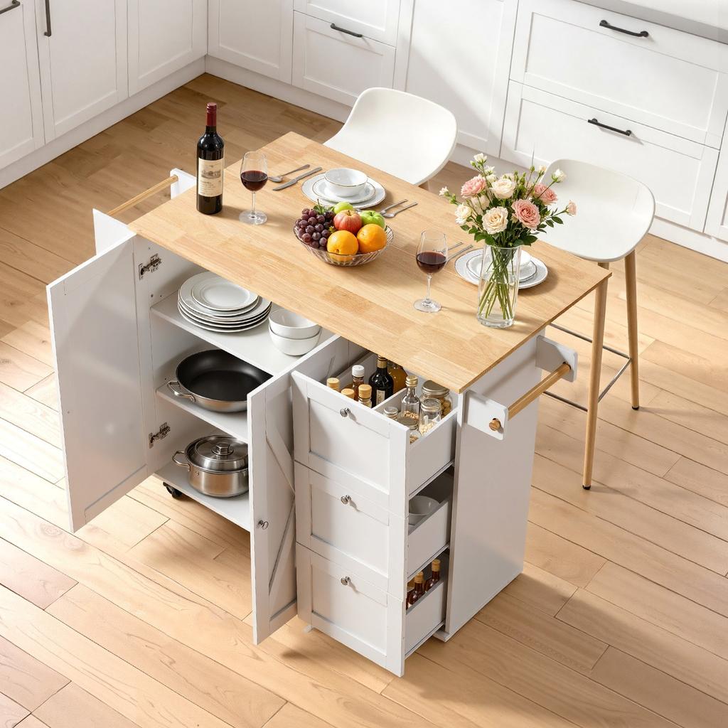 VEVOR Kitchen Island Cart with Solid Wood Top, 115 cm Width Mobile Carts with Storage Cabinet, Rolling Kitchen Table with Spice Rack, Towel Rack