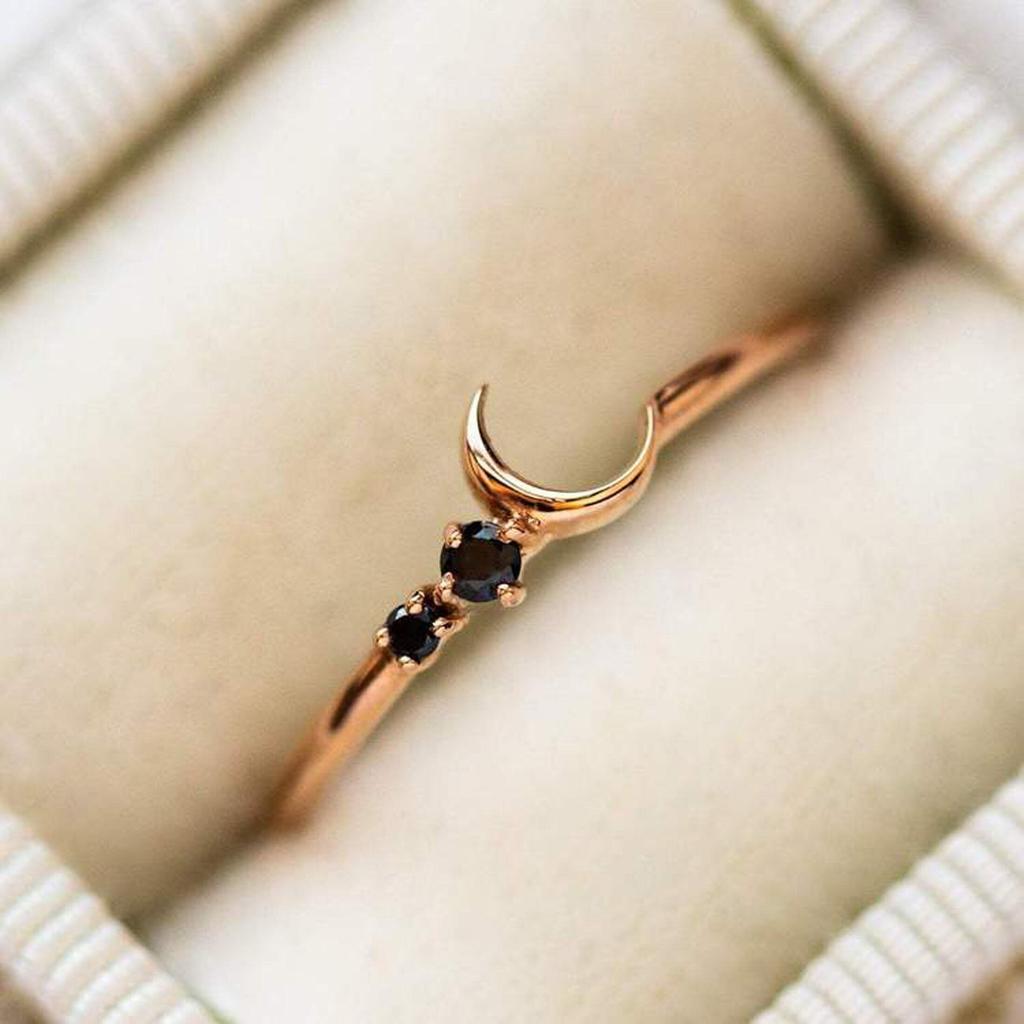 Vintage Onyx Half Moon Wedding Ring Crescent Design Engagement Jewelry Minimalist 14k Solid Gold Plated Silver Ring