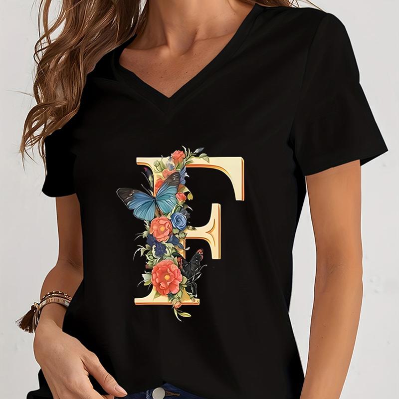 Women Tshirts AZ 26 Alphabet Flower Vintage Design Premium Tshirt Vintage Butterfly Flower 26 English Alphabet Summer Tshirt