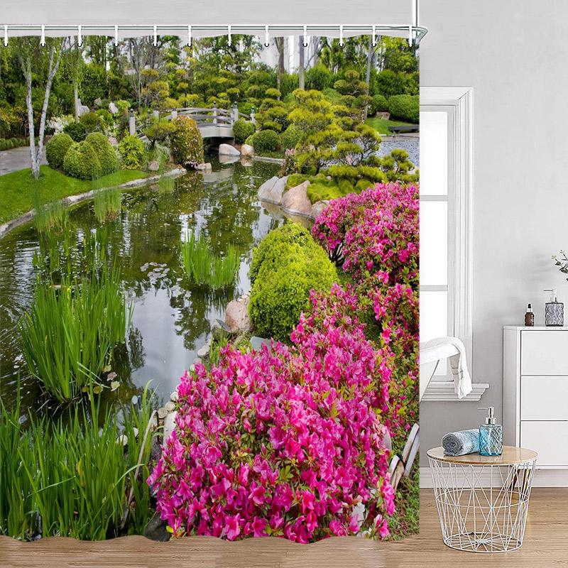 Hand-painted Street View Shower Curtains European Garden Cafe Green Plants Flowers Greenery Bathroom Decor Modern Bath Curtain