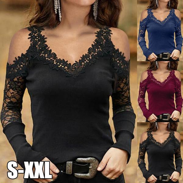 New Spring Autumn Women's Fashion V Neck Blouse Solid Color Off Shoulder Tops Long Sleeve Sexy Lace T-Shirt Slim Fit Blouses Tops