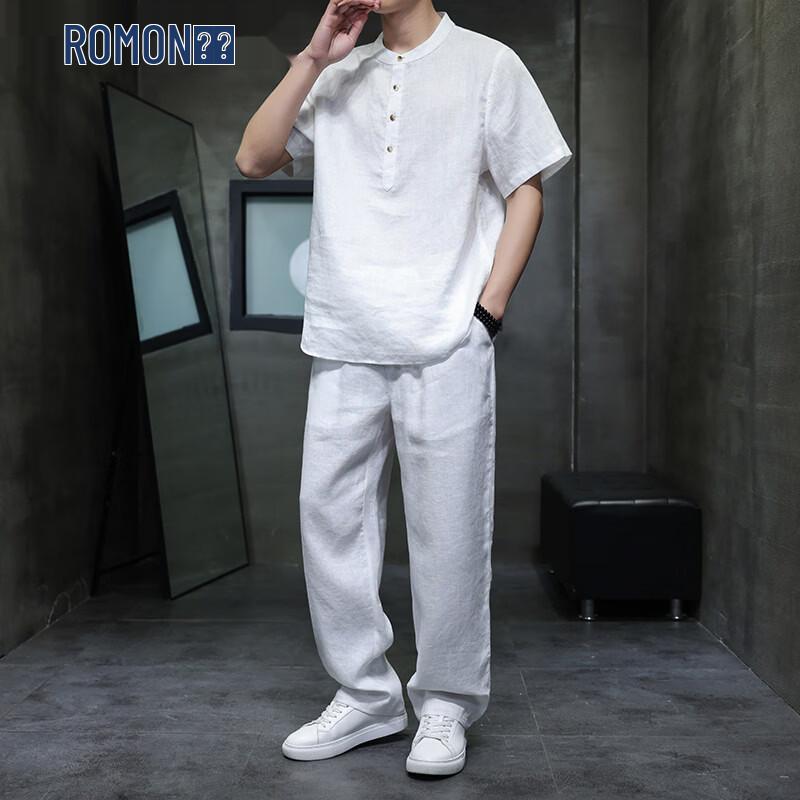 Romon Men s 100% Linen Chinese Style Summer Shirt & Trousers Set 3XL