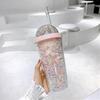 550ml Rainbow Plastic Water Bottle Double Layer Sequins Drinking Cup With Straw Women Girl Gift Pink
