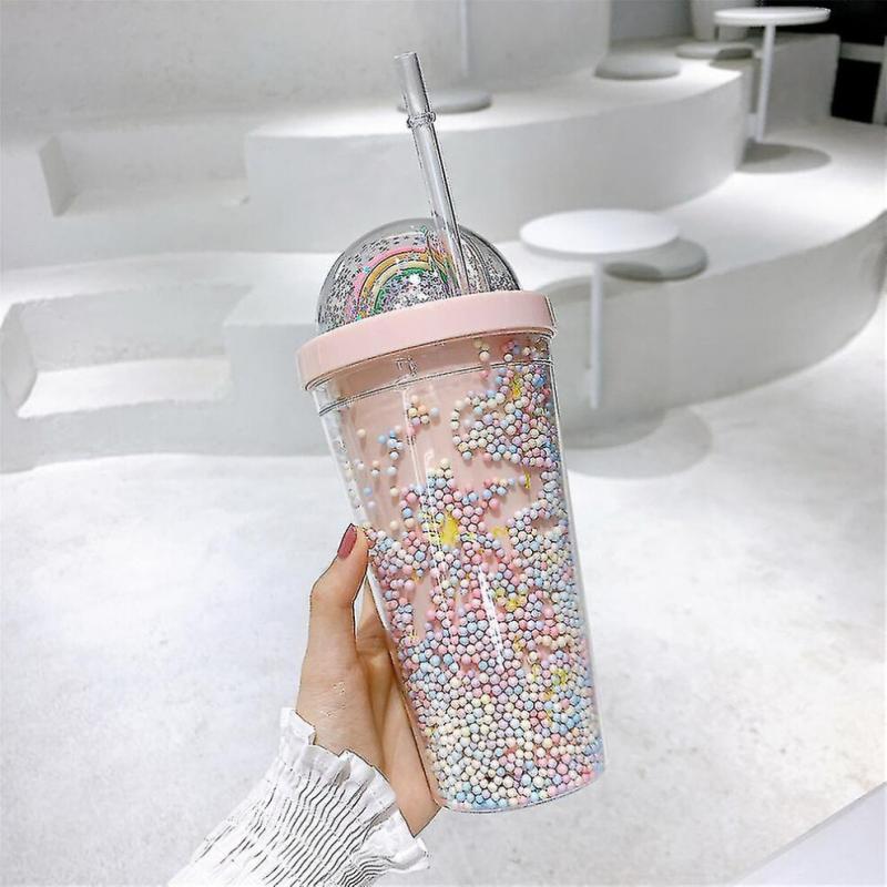 550ml Rainbow Plastic Water Bottle Double Layer Sequins Drinking Cup With Straw Women Girl Gift Pink