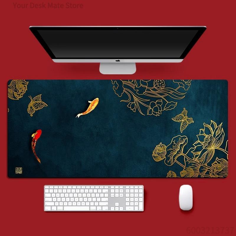 Chinese Style Golden Koi Lotus Art Large Antislip Desktop Mouse PadWaterproof Keyboard Pad for Home Office Decor