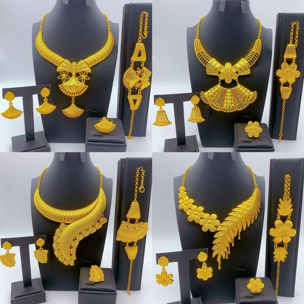 Gioielli Placcati Oro Africani Set di Gioielli Quattro Pezzi Collana Bracciale Orecchini Anello per Donne Arabe Indiane