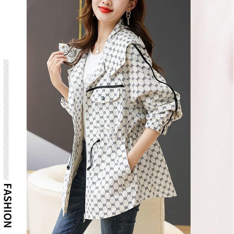 Print Drawstring Waist Hooded Trench Coats Mid Length Big Size Loose Vintage Korea Women Fashion Windbreaker