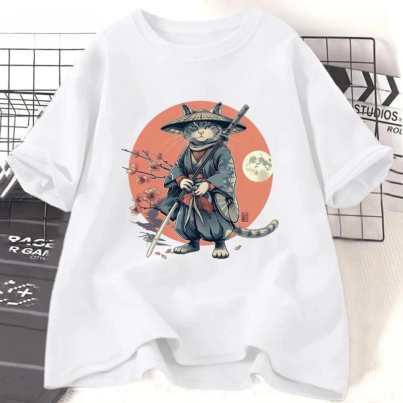 Samurai Cat Print Tshirts Summer Casual Harajuku Fashion Unisex Streetwear Y2K Short Sleeve Tops Oversize ONeck Tshirts